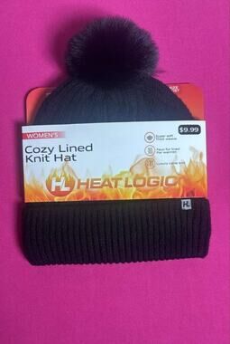Heat Logic Women’s Cozy Lined Knit Hat Black Faux Fur Pom Cable Knit Warm